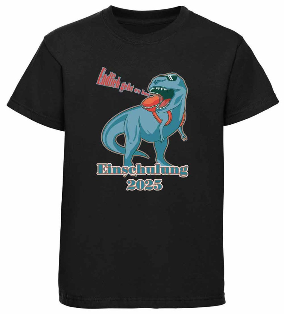 Bedrucktes Kinder T-Shirt Dino Einschulung 2023 T-Rex Endlich geht es los i37
